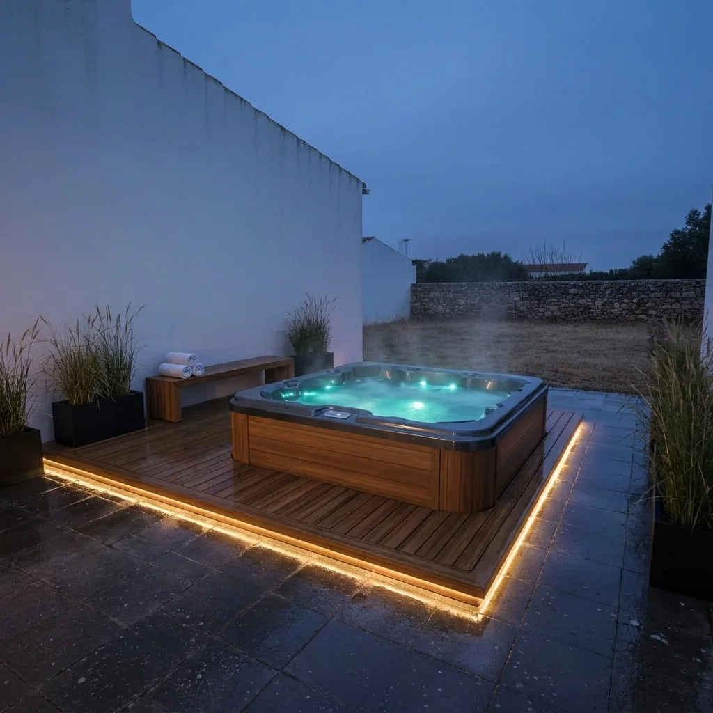 Terraço de moradia com spa depois da transformação